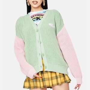 Minga London dreamy contrast knitted cardigan S 4 green pink colourblock sweater
